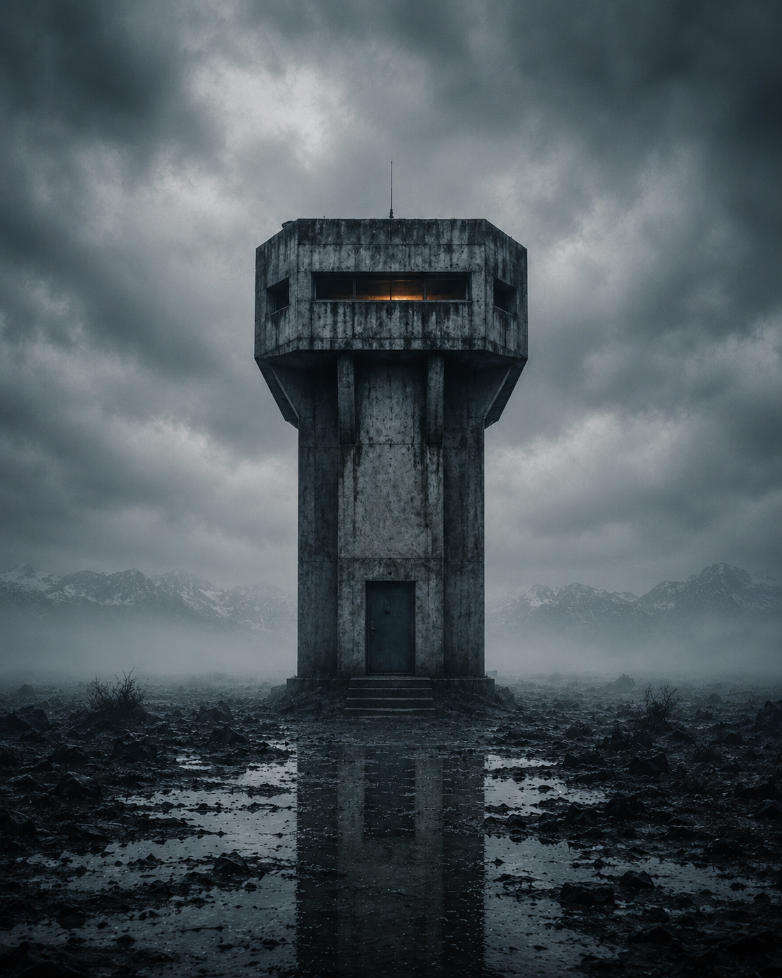 Brutalistischer Beobachtungsbunker auf verregnetem Gelände